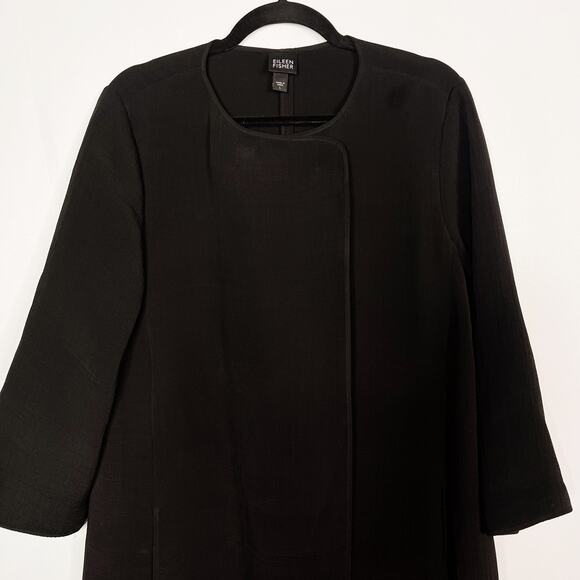 Eileen Fisher L Black Long Open Front Textured Blazer Jacket Silk Blend Magnetic - Picture 6 of 9